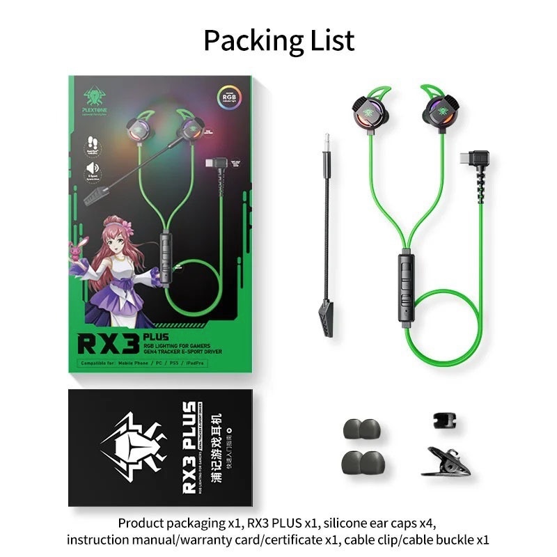 Plextone RX3 PLUS Type-C Interface In-ear Wired Game Earphones Pluggable Mic RGB Light Effect - Green