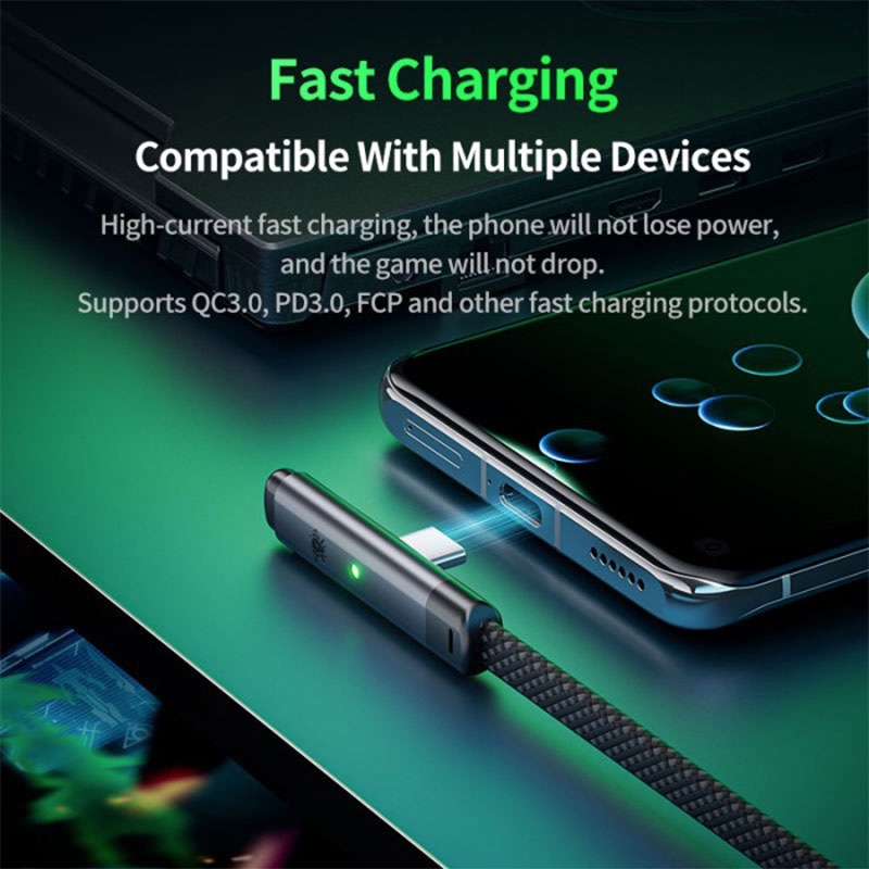 Plextone C2U T100 66W Type C To USB-A Elbow Gaming Smart LED Charge Cable