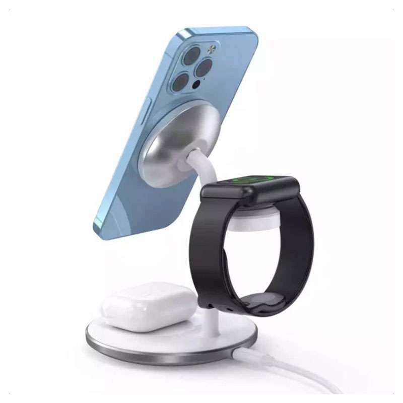 Choetech T585-F 3in1 Magnetic MagSafe Wireless charger station for Phones, iPhone 12/13/14/15 series, AirPods Pro and iwatch - Silver