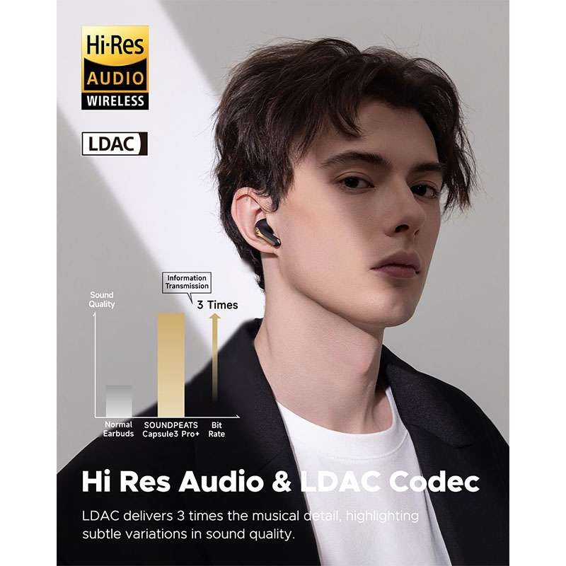 SoundPEATS Capsule3 Pro+ Wireless Earbuds with Adaptive Noise Cancelling, Hi-Res HiFi Stereo Sound with xMEMS Speaker, ANC , LDAC, 6 Mic 43H Playtime - Black