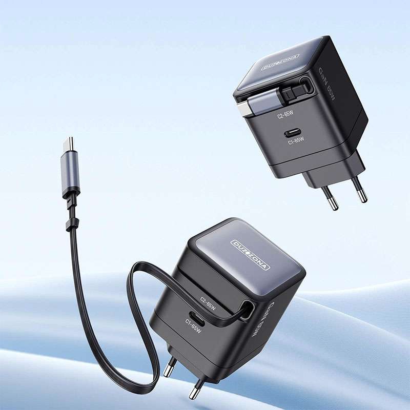 Duzzona PD 65W Gan Fast Charger with Dual Port and Telescopic Built-in Type C Cable - Black