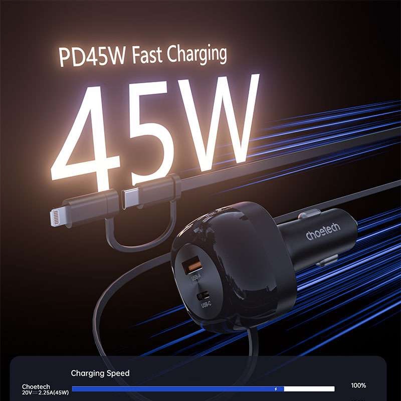 Choetech 75W Car Charger with Retractable 2in1 USB-C + Lightning Cable - TC0036