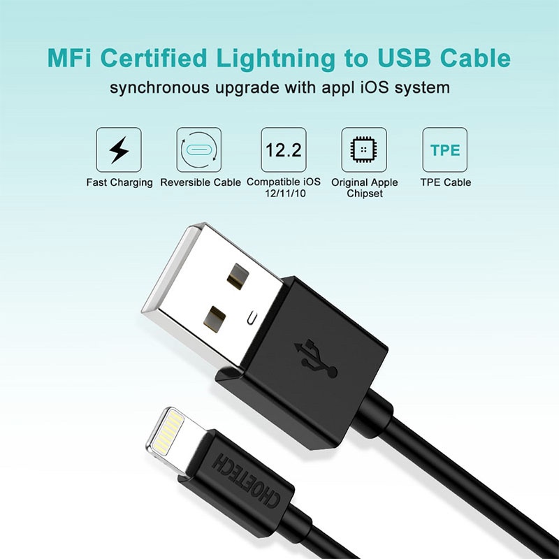 Choetech USB to Lightning Cable Apple Mfi Certified (1.8m/5.9ft) - Black (IP0027)