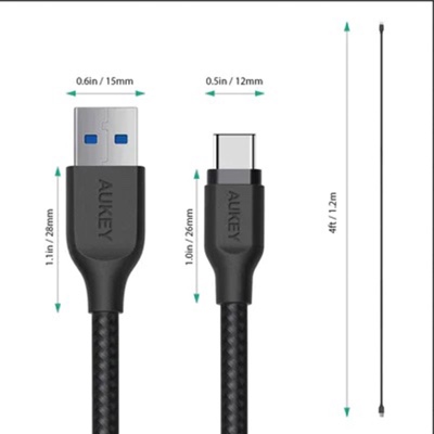 Aukey CB-AC1 – Braided Nylon USB 3.0 Gen 1 A to C Cable (3.95ft) - Black