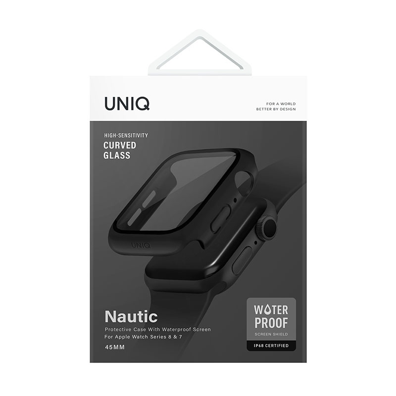 UNIQ Nautic Apple Watch Case with Curved Tempered Glass Screen Protector for Series 7/8/9 45MM - Midnight Black