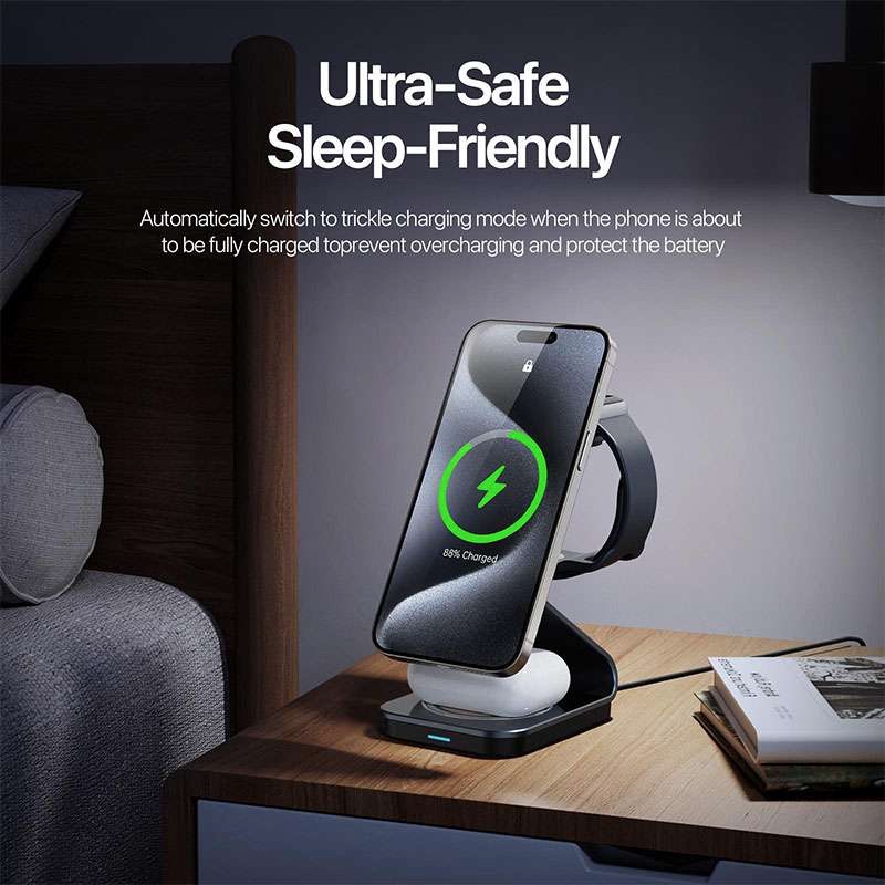 Duzzano W21 QI2 3 in 1 Transparent 15W Magnetic Magsafe Compatible Wireless Charger Stand for Phones, Airpods &  Apple Watch