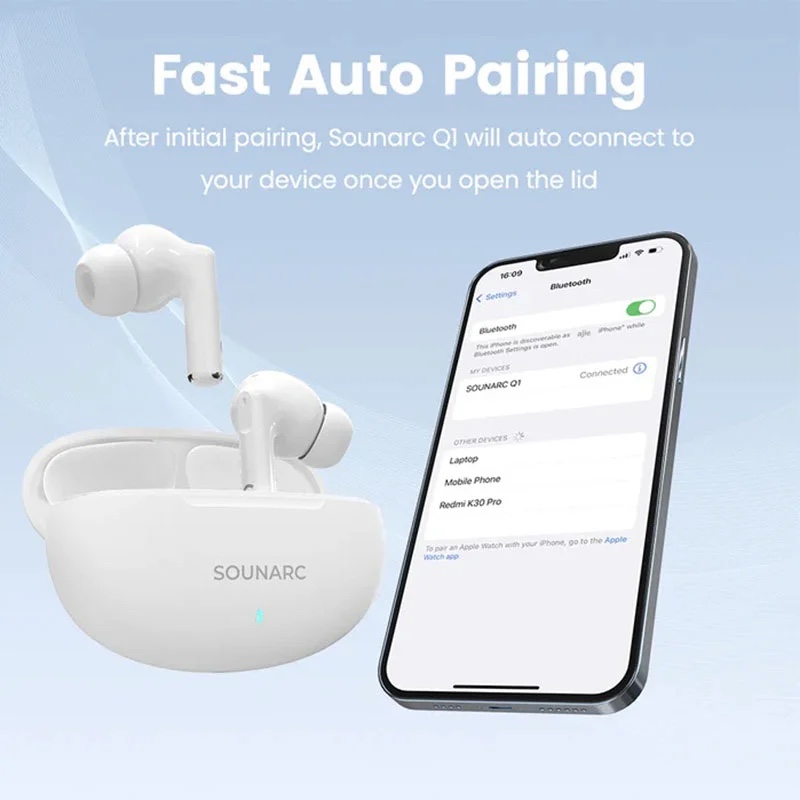 SOUNARC Q1  True Wireless Bluetooth Earphone, Quad mics Clear Call Earbuds, Shaking Bass AirPods, Touch Control - White