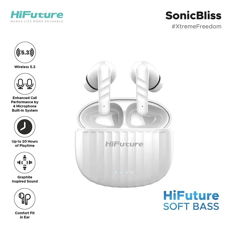 HiFuture SonicBliss True Wireless Earbuds Bluetooth 5.3, Smooth Bass, 4 Microphones 30 Hr Battery - White