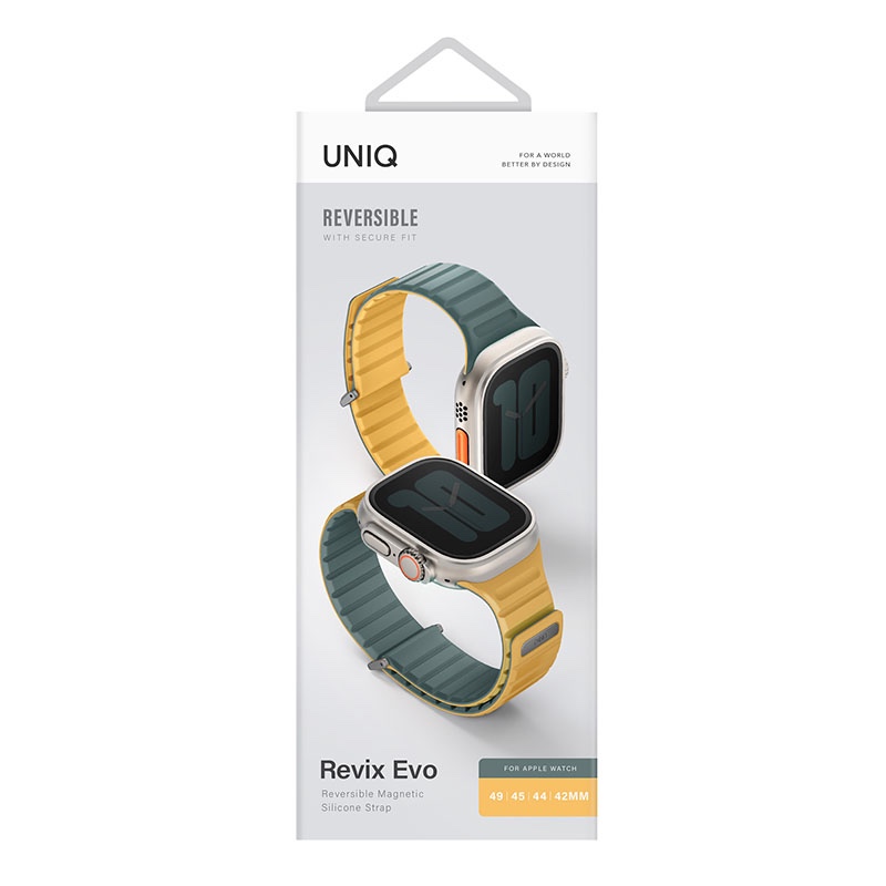 UNIQ Revix Evo Reversible Magnetic Apple Watch Strap for Series 1-10, SE/SE2 & Watch Ultra 49/45/44/46MM – Green / Yellow