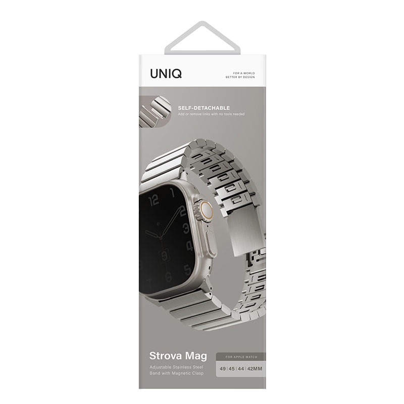 Uniq Strova Mag Self Adjustable Steel Link Strap Band Fits Up to Series 1-10, Ultra/2 & SE/SE2  49/45/44/42mm - Titanium Silver