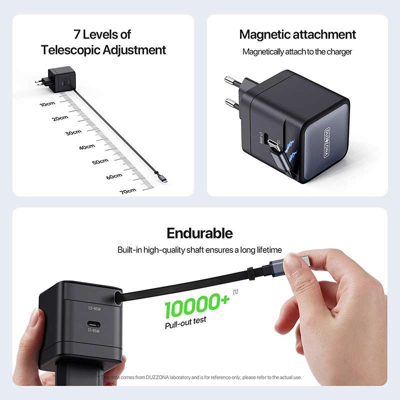 Duzzona PD 65W Gan Fast Charger with Dual Port and Telescopic Built-in Type C Cable - Black