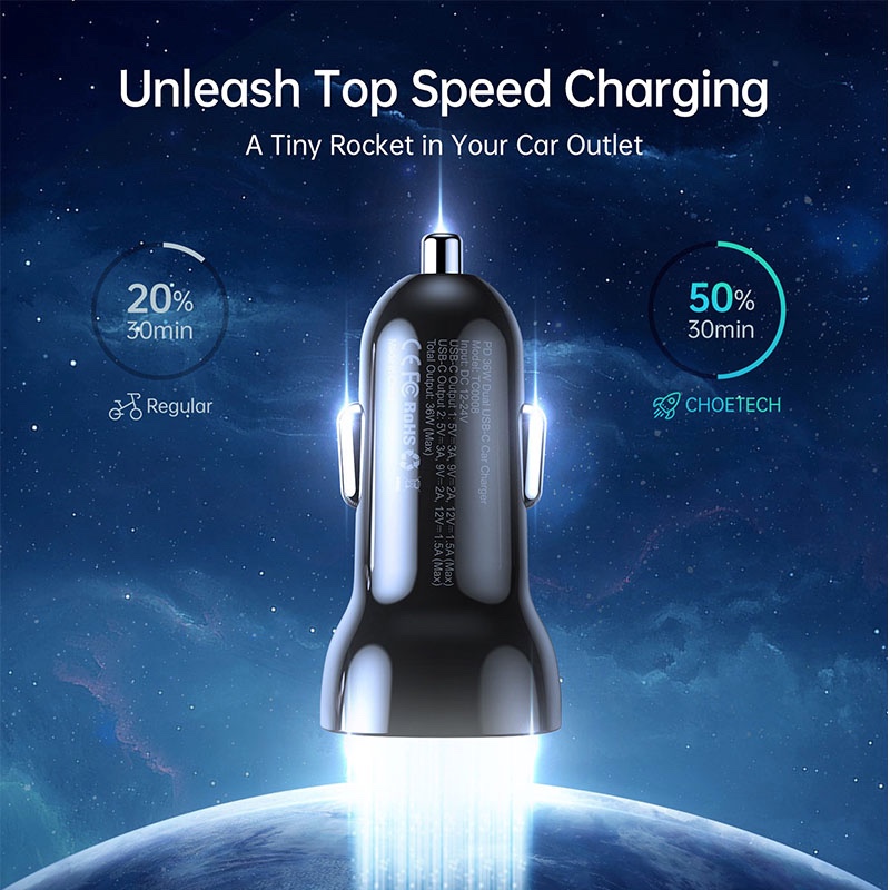 Choetech Dual USB-C Ports PD 40W Fast Car Charger – Black - TC0008