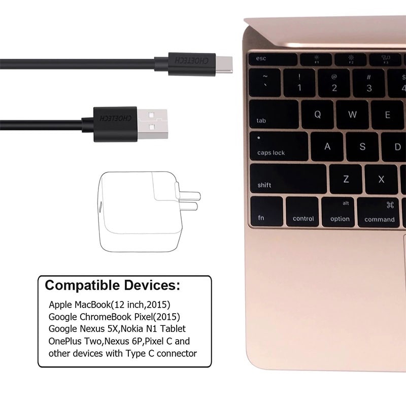 Choetech USB Type C Cable [10ft] 3m USB C To USB A 2.0 Fast Charging & Data Sync Cable - White - AC0004