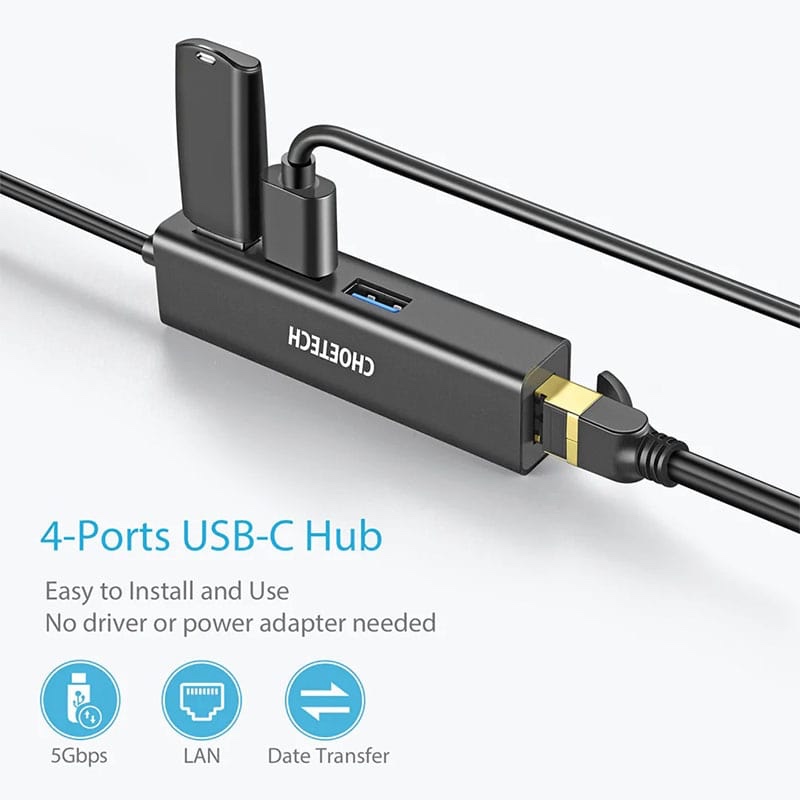 CHOETECH 4-In-1 USB-C to Gigabit RJ45 Adapter with USB Hub - Black (HUB-U02)