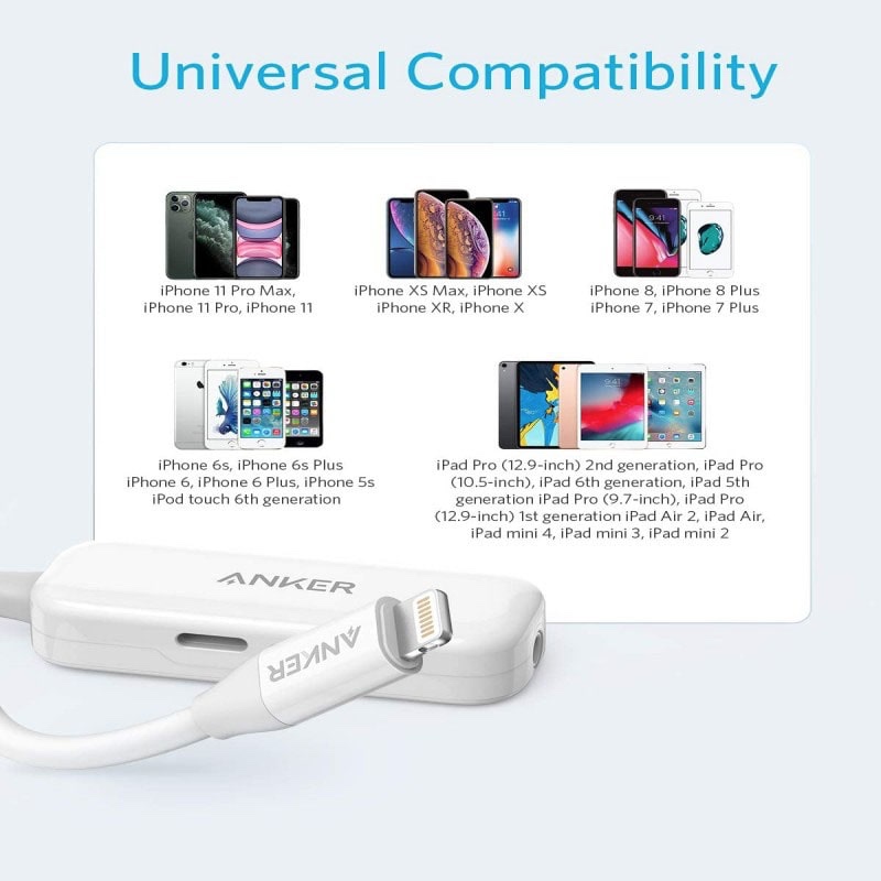 Anker 2-In-1 Audio & Lightning Charging Adapter 3.5mm Headphone Jack MFi-Certified - White