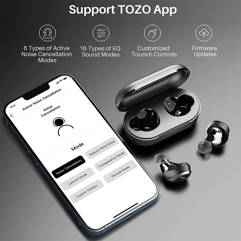 TOZO NC9 Pro V.2022  Hybrid Active Noise Cancelling Wireless Earbuds with Premium Deep Bass, IPX6 Waterproof, Bluetooth 5.3, Immersive Sound – Matte Black