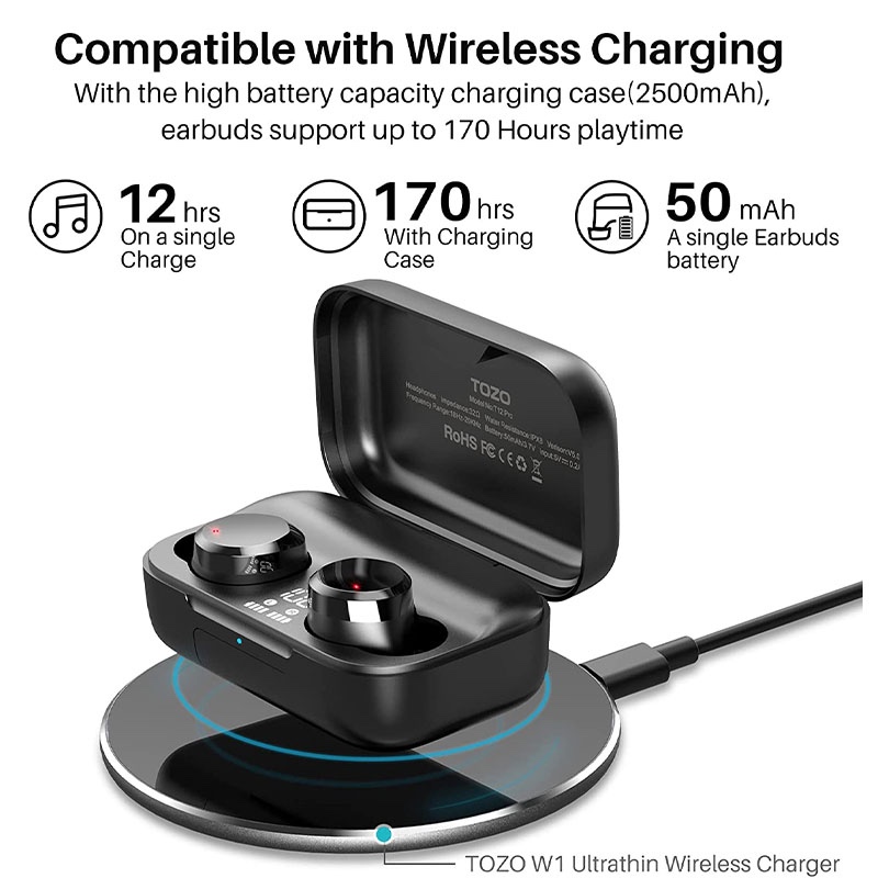 TOZO T12 Pro Wireless Bluetooth Earbud Qualcomm QCC3040 4 Mics CVC 8 Call Noise Cancelling, aptX Stereo,2500mAh Wireless Charging Case IPX8 Waterproof - Black