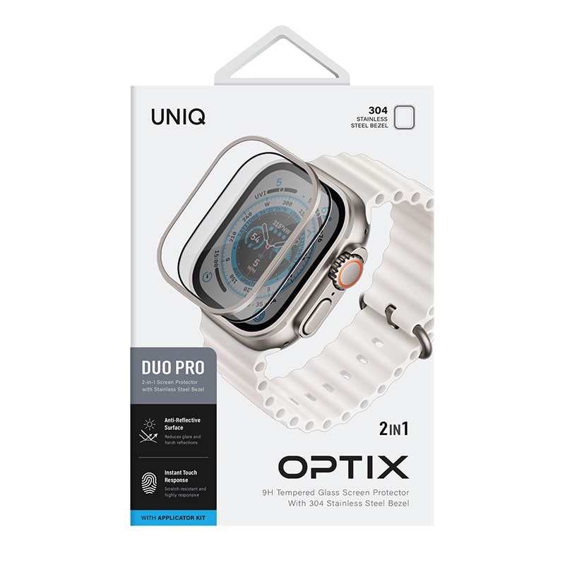 UNIQ Optix Duo Pro Ultra Anti-Reflective Glass Protector with Stainless Steel Bezel for Apple Watch Ultra/Ultra 2