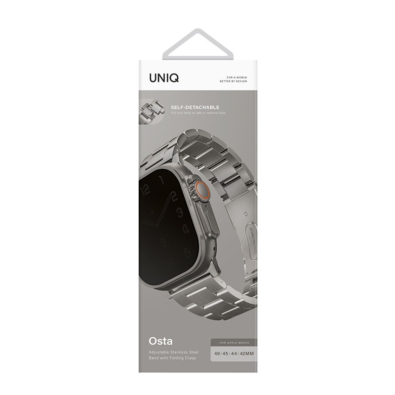 Uniq Osta Apple Watch Ultra Steel Link Strap with self-adjustable links fits up to Series 1-10, Ultra/2 & SE/2 49/45/44/46mm - Titanium Silver