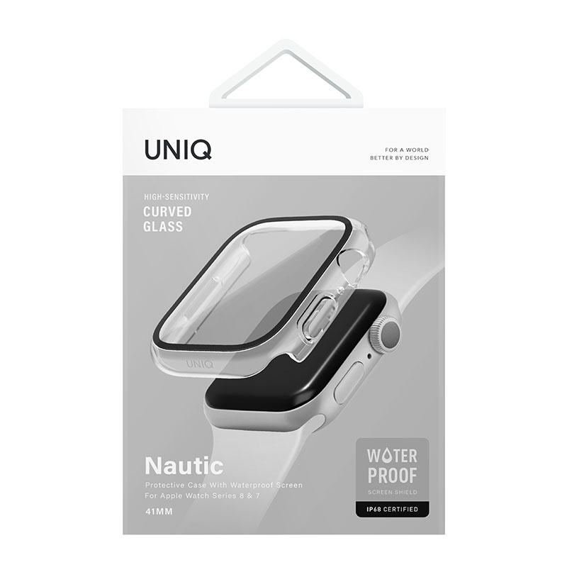 UNIQ Nautic Apple Watch Case with Curved Tempered Glass Screen Protector Series 7/8/9 41MM – Dove Clear