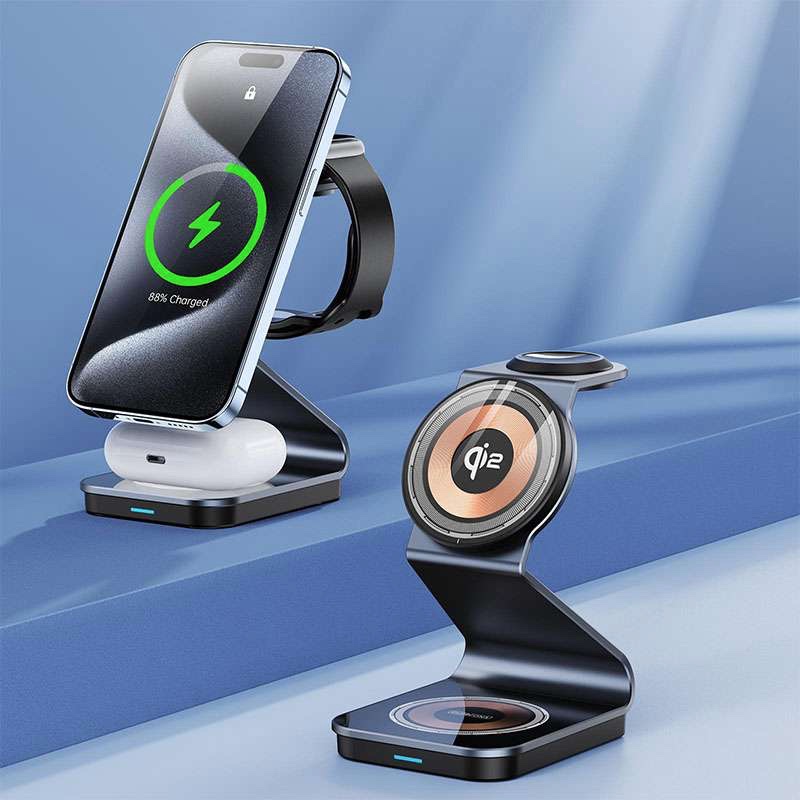 Duzzano W21 QI2 3 in 1 Transparent 15W Magnetic Magsafe Compatible Wireless Charger Stand for Phones, Airpods &  Apple Watch