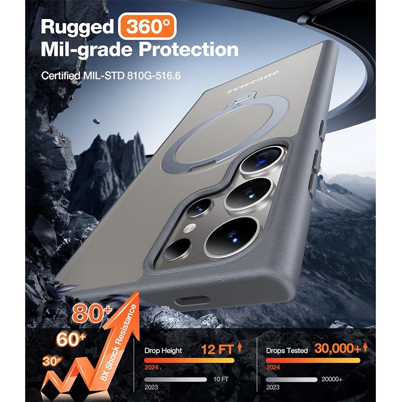 Torras UPRO Ostand Spin Series Magsafe Compatible Phone Case for Samsung Galaxy S24 Ultra – Grey