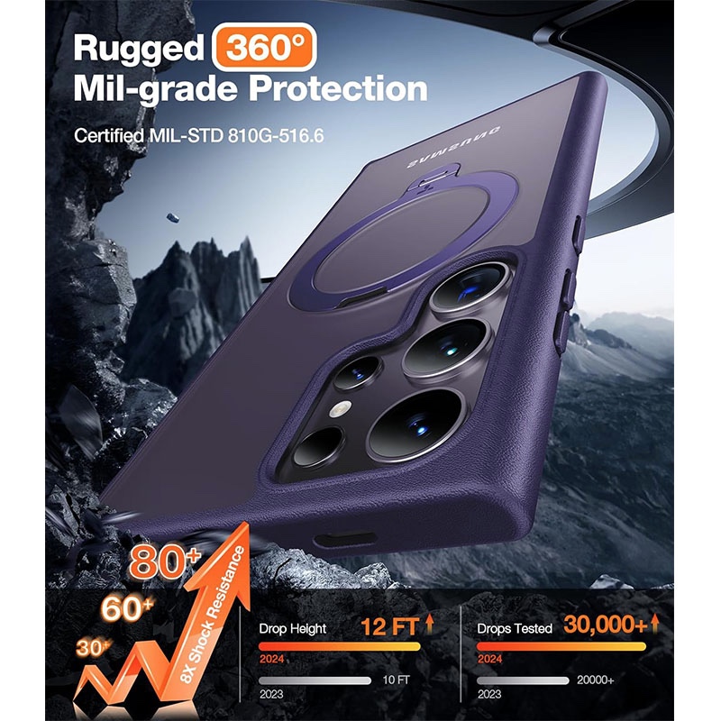 Torras UPRO Ostand Spin Series Magsafe Compatible Phone Case for Samsung Galaxy S24 Ultra – Dark Purple