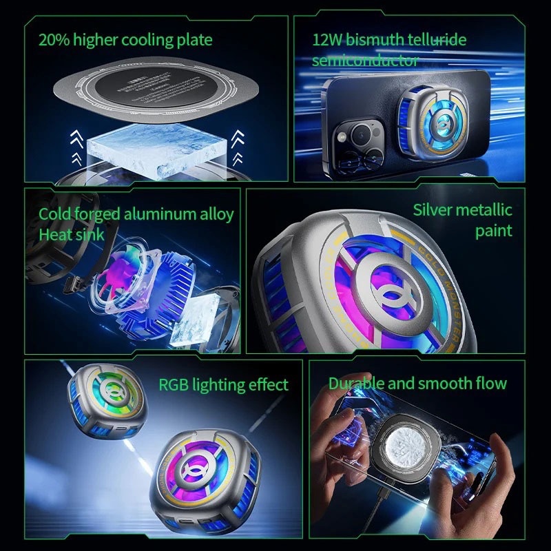 Plextone EX2 Ultra Magnetic Cooling Fan with RGB Light Refrigeration Radiator for Mobile Phones, Tablet
