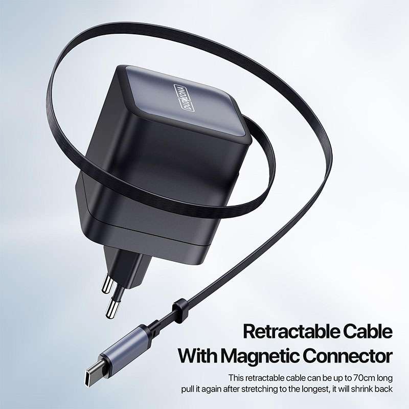 Duzzona PD 65W Gan Fast Charger with Dual Port and Telescopic Built-in Type C Cable - Black