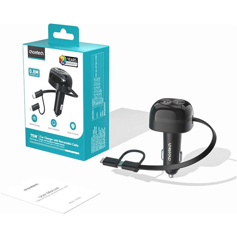 Choetech 75W Car Charger with Retractable 2in1 USB-C + Lightning Cable - TC0036