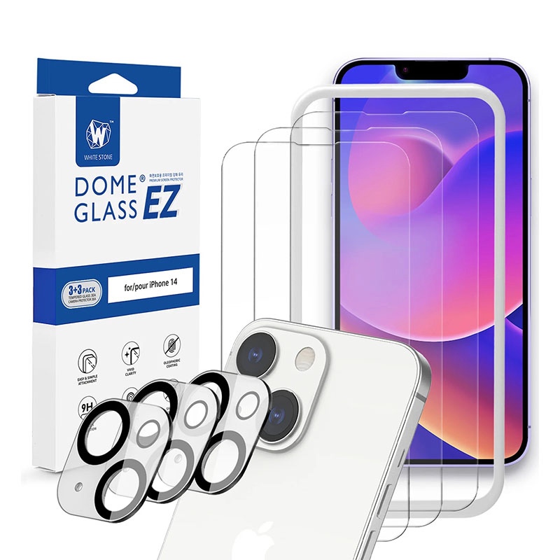 Whitestone Dome EZ Glass Screen with Cam for iPhone 14 EZ Glass Screen Protector with Jig & Camera Protector - 3 Pack
