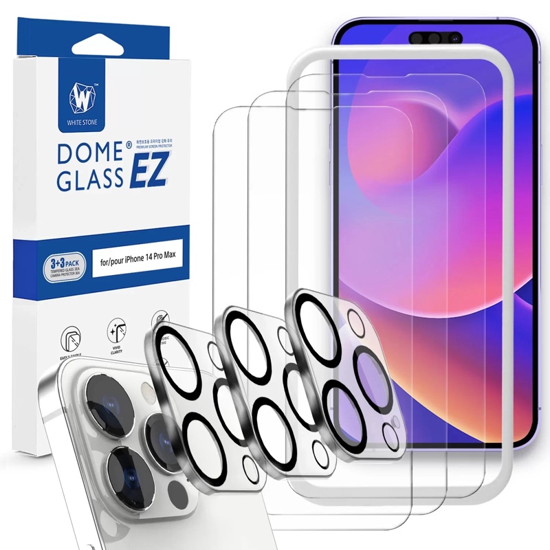 Whitestone Dome EZ with Cam for iPhone 14 Pro Max EZ Glass Screen Protector with Jig & Camera Protector - 3 Pack