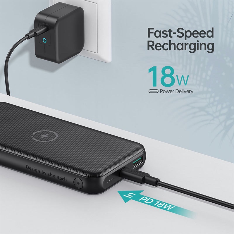 Choetech 10000mAh PD20W Fast Charging Power Bank with Qi 10W Wireless Charger+ 0.5m Type C to C Cable - Black -  B650