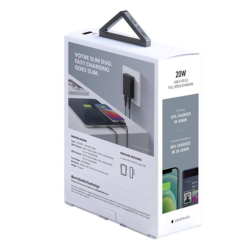 UNIQ VOTRE SLIM DUO USB C + USB A 20W Wall Charger (EU) - Charcoal (Black)