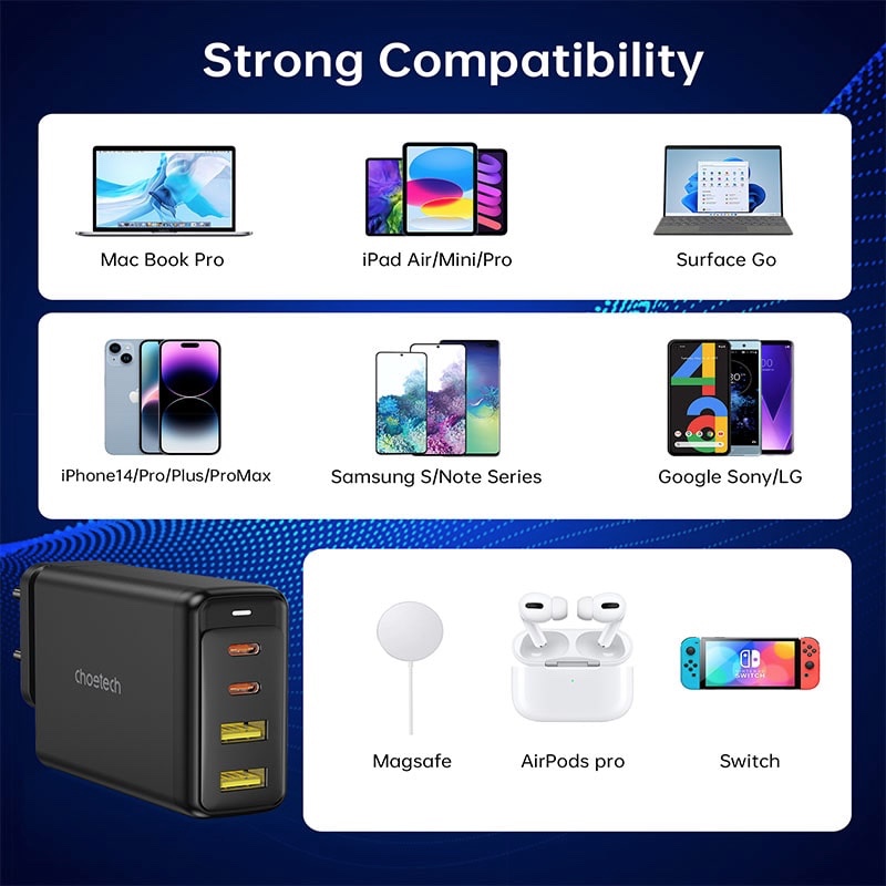 CHOETECH 140W 4-Port Quick Charging GaN Wall Charger 2x USB-C, 2x USB-A - Black - PD6005