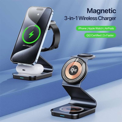 Duzzano W21 QI2 3 in 1 Transparent 15W Magnetic Magsafe Compatible Wireless Charger Stand for Phones, Airpods &  Apple Watch