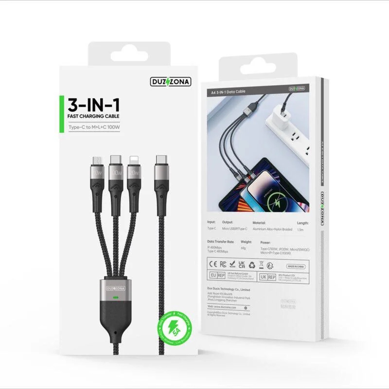 100W 3in1 USB-C to USB-C + Lightning + Micro USB Fast Charging Cable