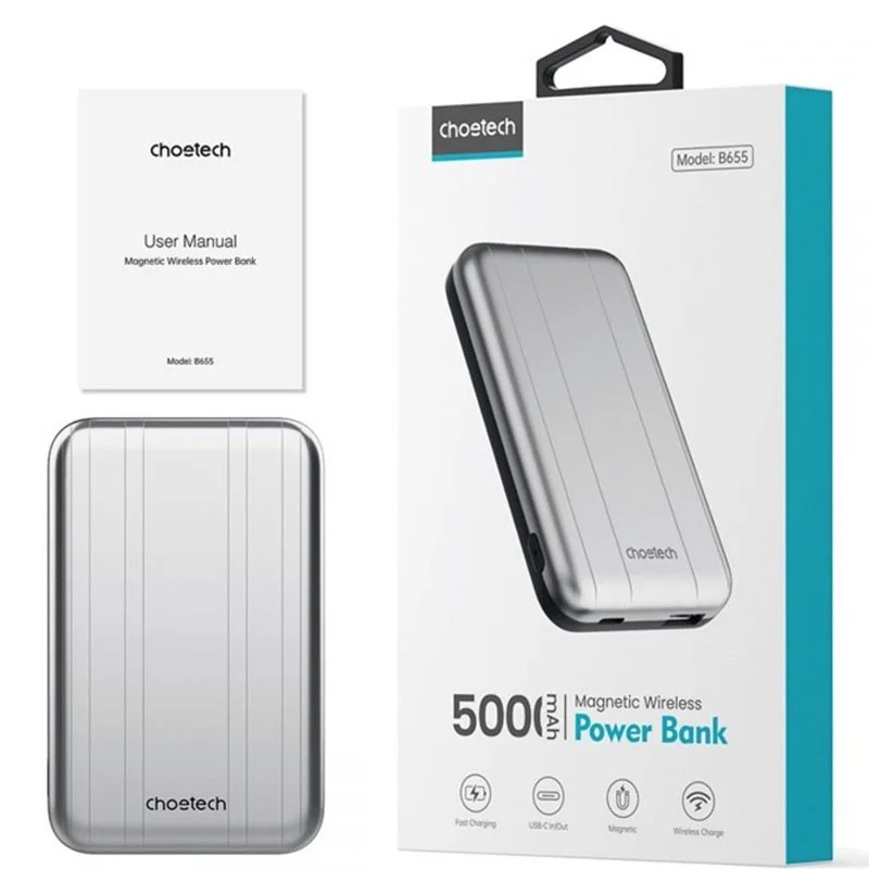 Choetech MagSafe Magnetic 10W 5000 mAh Mini Power Bank - B655 - Silver