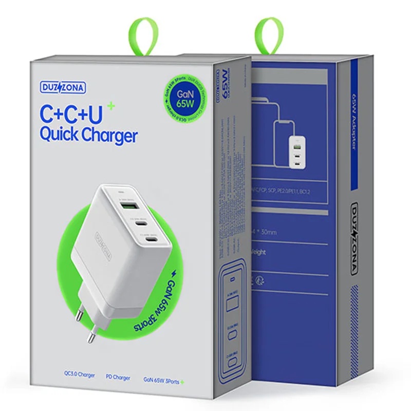 65W Gan 3-Port Wall Fast Charger - T1 – White