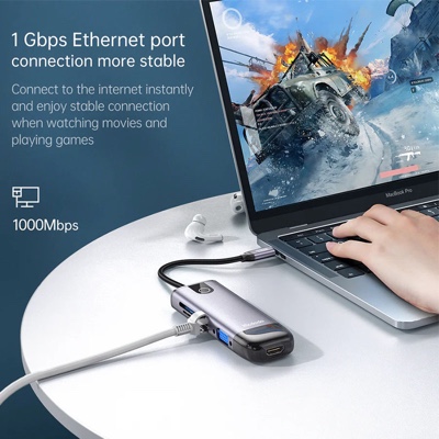 Mcdodo 10in1 USB C Hub Adapter Gigabit Lan, HDMI 4K, VGA, 4 USB 3.0 Ports, SD/TF Card, 100W USB C PD Thunderbolt 3 - HU-7420
