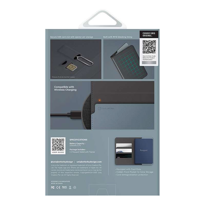 Uniq Belmont Passport and Card Holder with Tracker & RFID Blocking - Charcoal