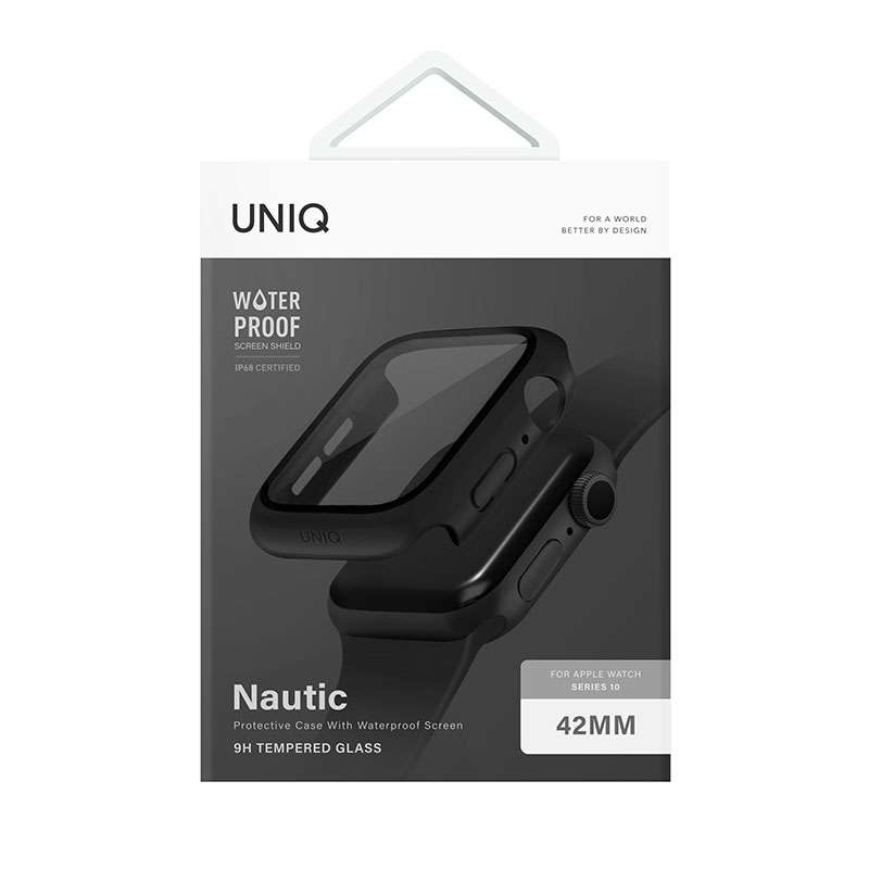 UNIQ Nautic Apple Watch Case with Curved Tempered Glass Screen Protector for Series 10 42MM – Black