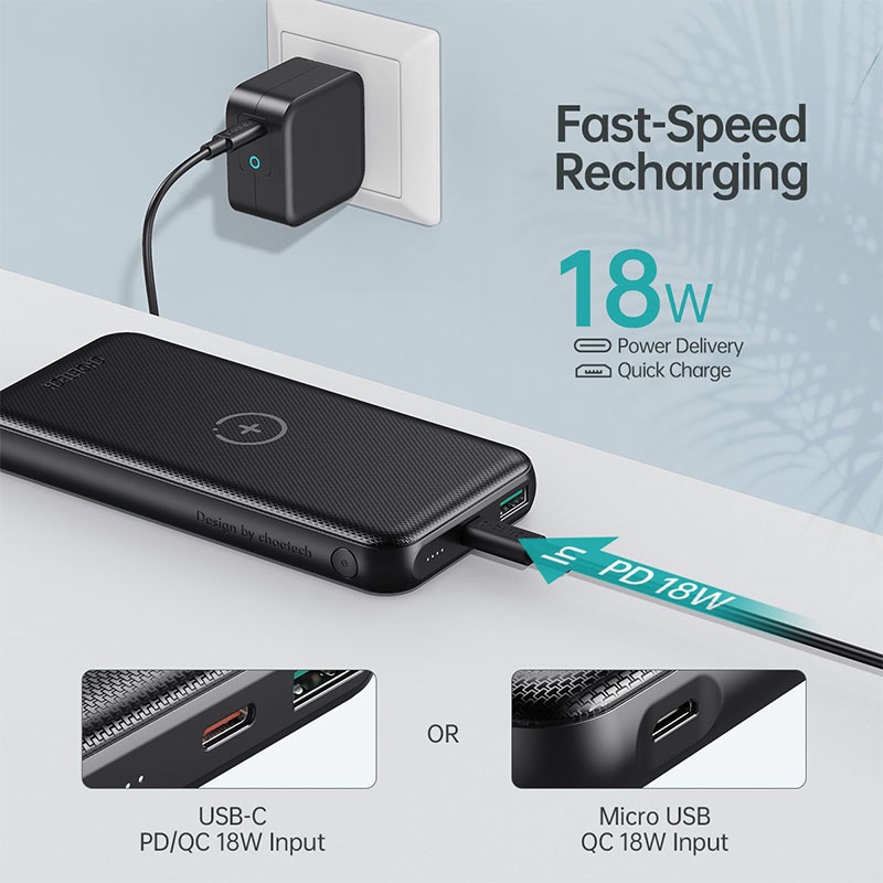 Choetech 10000mAh PD20W Fast Charging Power Bank with Qi 10W Wireless Charger+ 0.5m Type C to C Cable - Black -  B650
