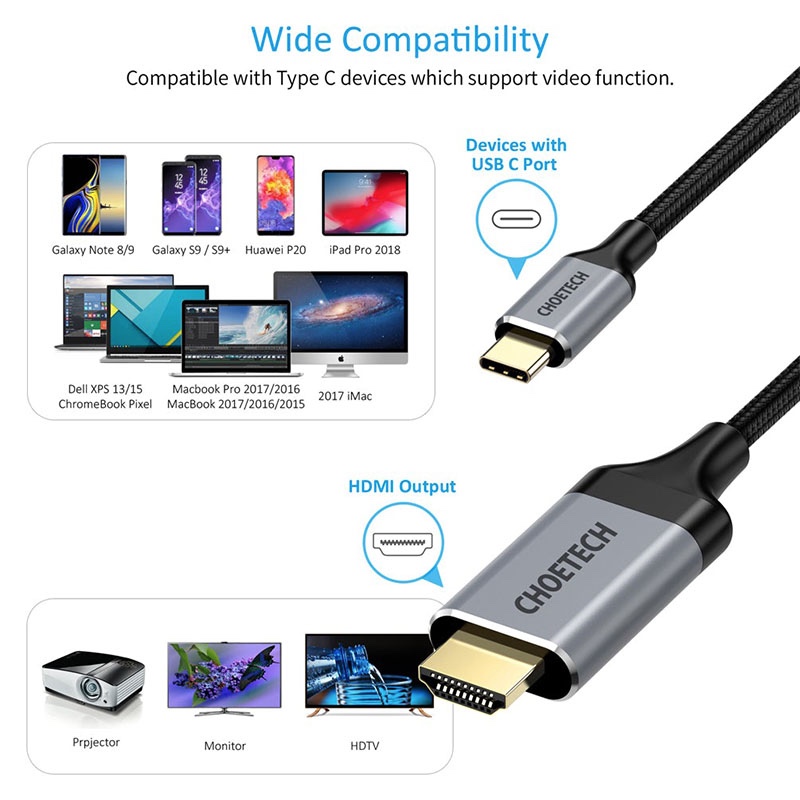 CHOETECH USB C to HDMI Cable 5.9ft (1.8m) - Black - CH0021