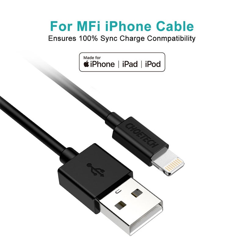 Choetech USB to Lightning Cable Apple Mfi Certified (1.8m/5.9ft) - Black (IP0027)