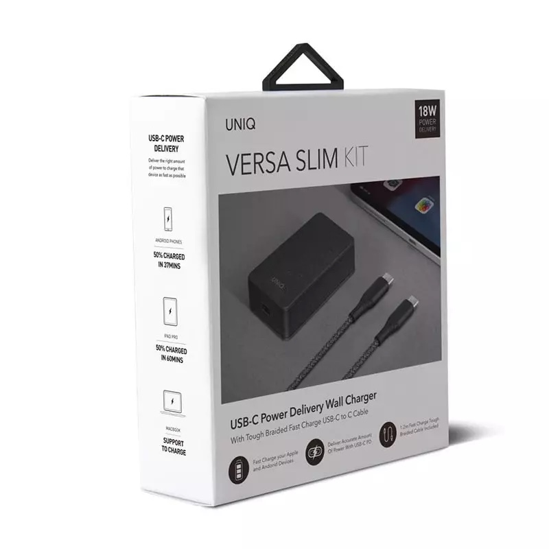 UNIQ VERSA Slim Kit USB-C PD 18W Wall Charger With USB C Cable (UK/US Plug) - Charcoal (Black)