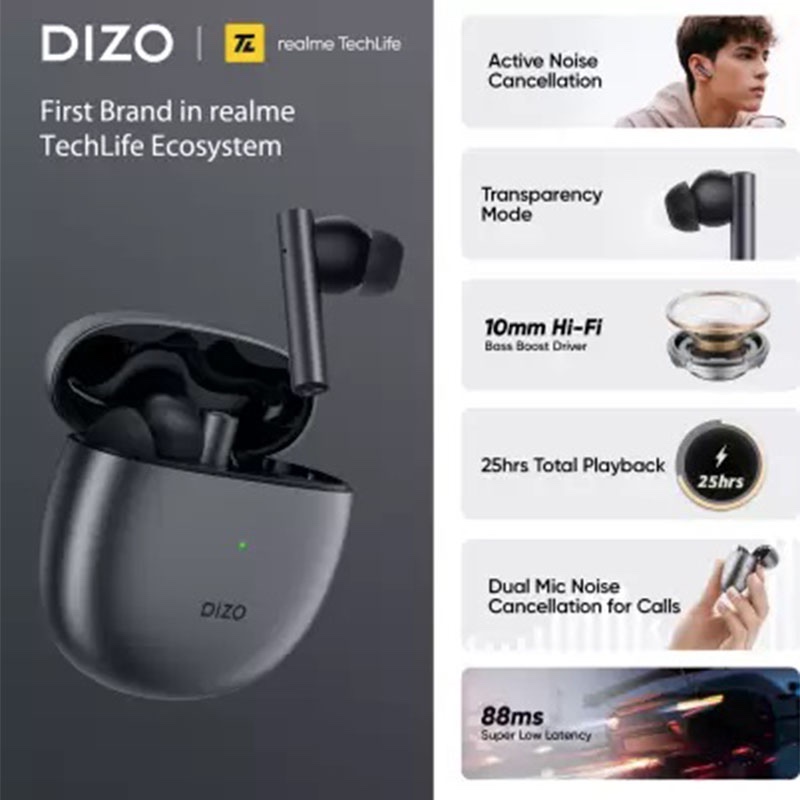Dizo GoPods with Active Noise Cancellation (by Realme TechLife) - Smoky Grey