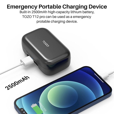 TOZO T12 Pro Wireless Bluetooth Earbud Qualcomm QCC3040 4 Mics CVC 8 Call Noise Cancelling, aptX Stereo,2500mAh Wireless Charging Case IPX8 Waterproof - Black