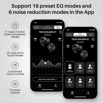 TOZO Golden X1 Wireless Earbuds with Balanced Armature Driver, Hybrid Dynamic Driver, OrigX Pro, LDAC & Hi-Res Audio, Environment & ANC Headset - Black