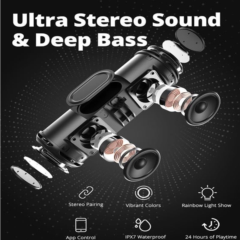 Tronsmart T7 Lite Bluetooth Speaker Portable Enhanced Bass with 24 Hours Playtime, APP Control, IPX7 Waterproof for Camping - Blue